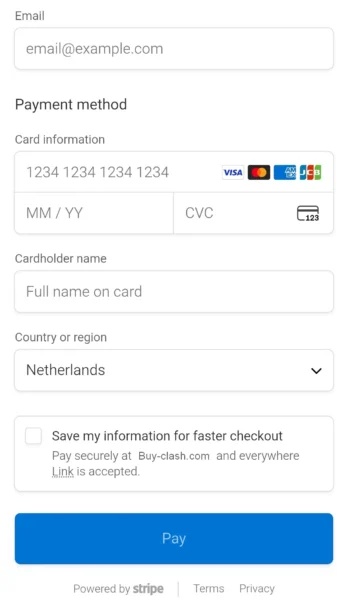 Stripe payment page to enter Credit Card information and complete the payment